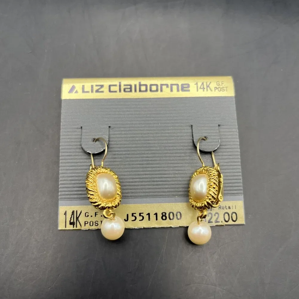 Liz Claiborne Faux Pearl Dangle Earrings Gold Filled Post Drop Classic Vintage